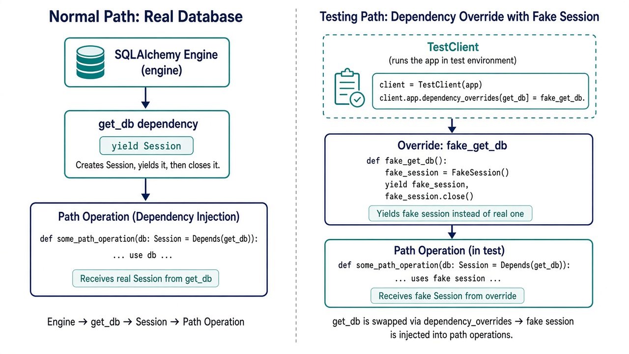 get_db 产出 SQLAlchemy 会话，测试可用 dependency_overrides 换掉