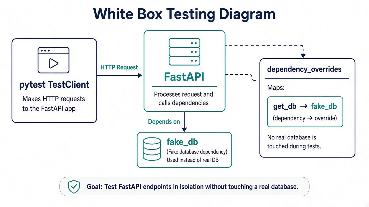 pytest 通过 TestClient 调用应用,并用 dependency_overrides 替换 get_db