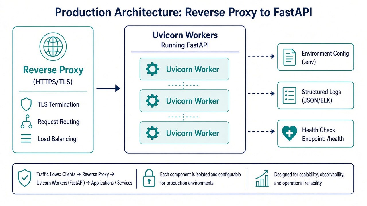 反向代理后面是多个 Uvicorn worker,并暴露健康检查与结构化日志
